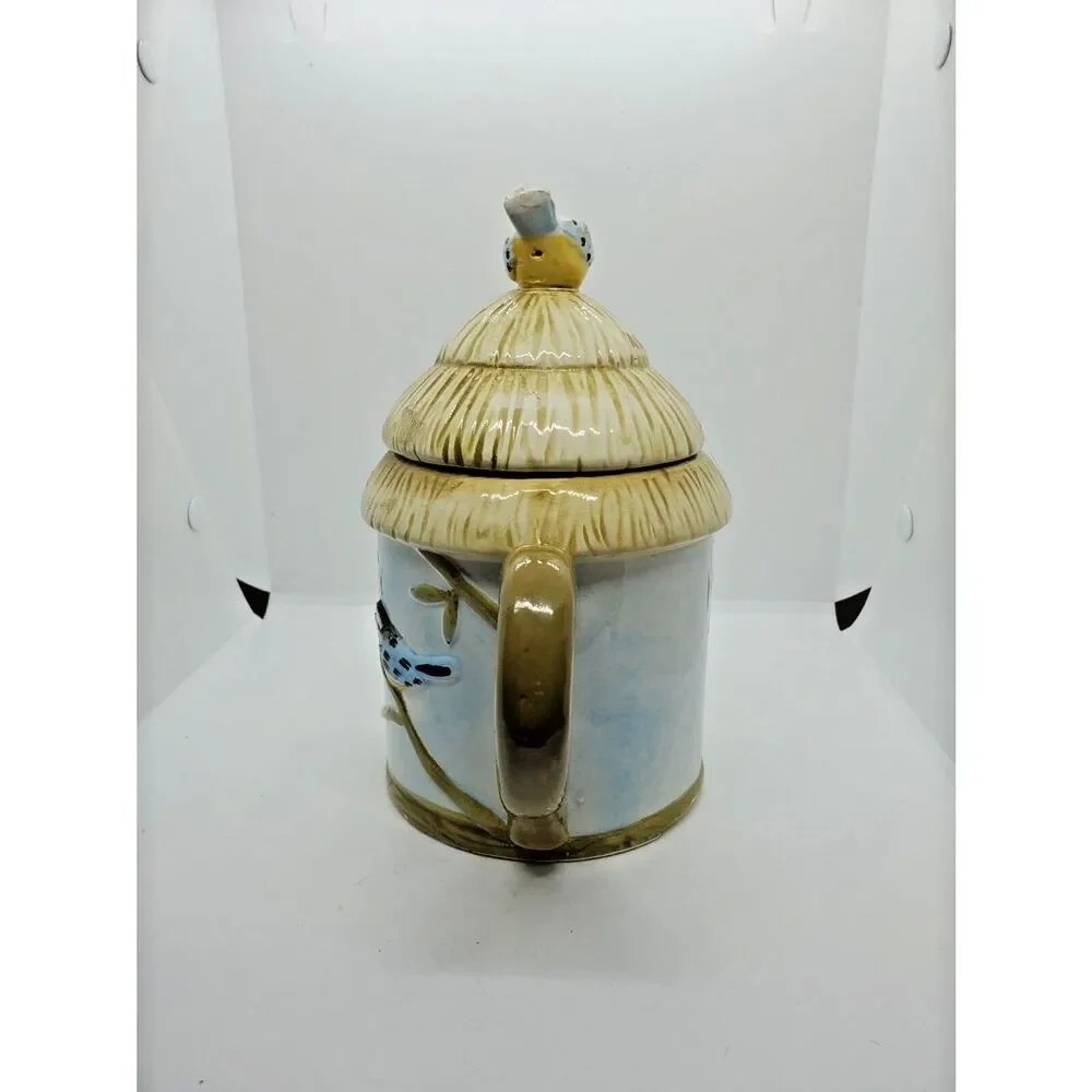 Vintage Bird Teapot Cottagecore Thatched Roof Hand Painted Cottage Tea Pot 6.5